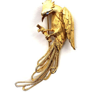 Spectacular BSK Golden Parrot Brooch • Brushed Gold Tone • Blue Eye • 3"X1"